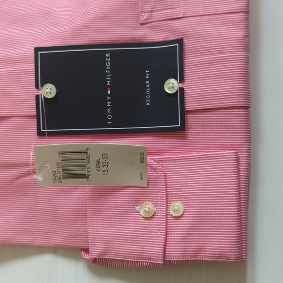 Tommy Hilfiger Men's Long Sleeve Shirt Coral pink White Striped Size 15 32-33 - Picture 4 of 8